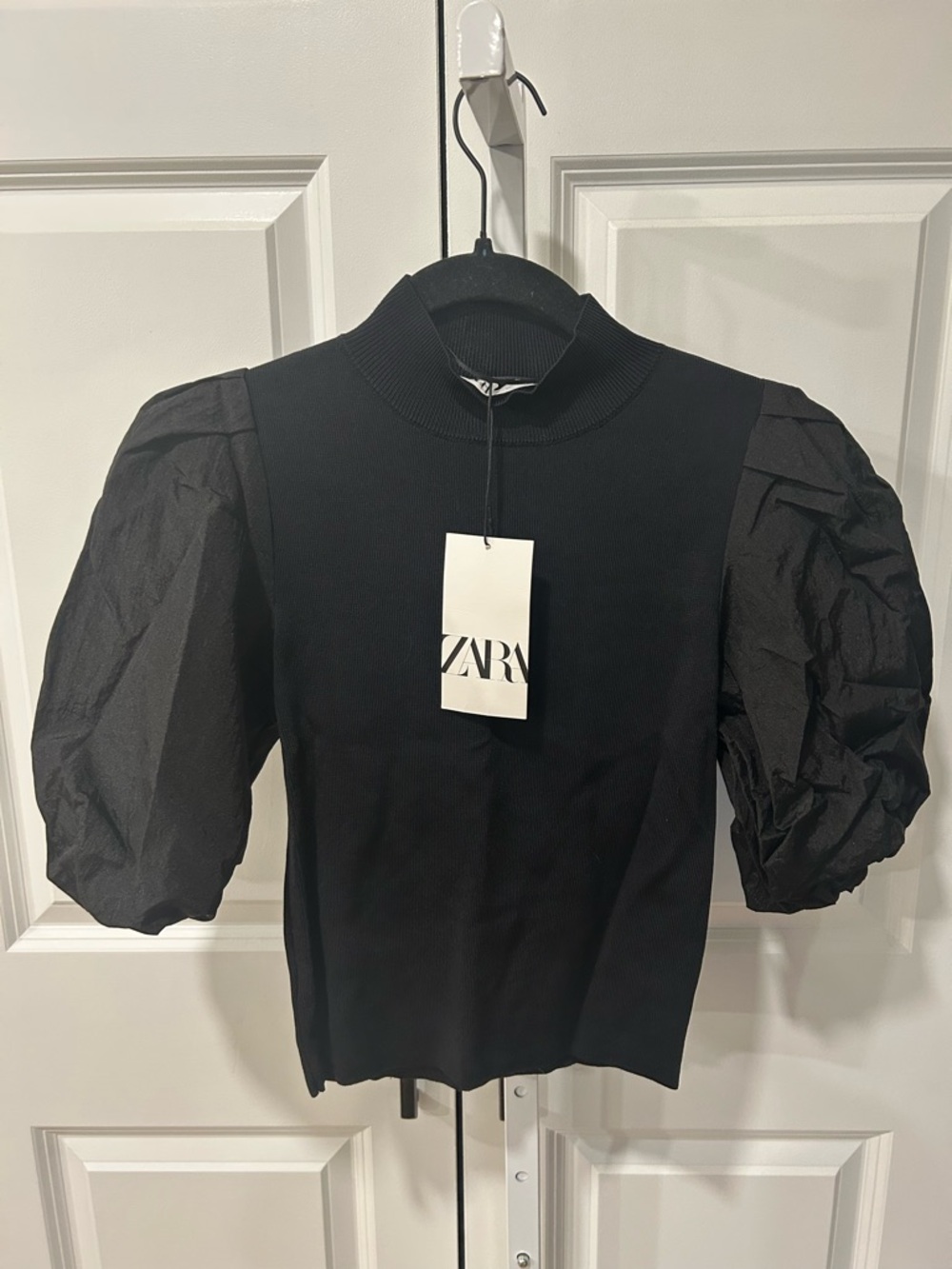 Zara Black Ribbed Mock Neck Knit with Lace-Up Detail